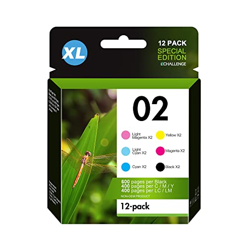 ECHALLENGE Compatible Ink Cartridges Replacement for HP 02 Compatible with Photosmart D7155 D7160 D7245 D7255 D7363 D7460 C5180 C6250 C6280 C7280 C7180 C8180 Printer (12 Pack)