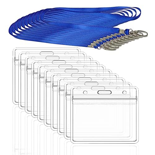 10Pcs Clear Plastic ID Card Holder and Lanyard, Clear Plastic Horizontal Name Tags Badge ID Card Holders for ID Cards, Office, School, Bus Passes