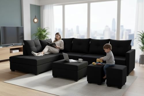 Image of SOCOZI Oriana 8 Seater LHS L Shape Sofa Set | Velvet Suede Fabric L Shape Sofa for Livingroom with 2 Ottoman & Centre Table | (Black)
