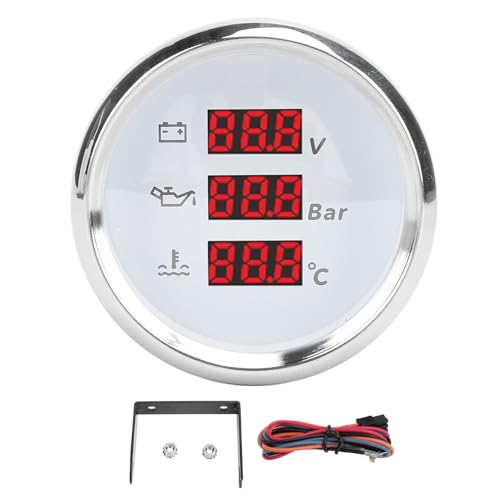 Headerbs デジタル電圧油圧水温計 52mm IP67ディスプレイ 赤色バックライト ボート ヨット RV トラック オートバイ用 (ホワイトダイヤルシルバーベゼル)