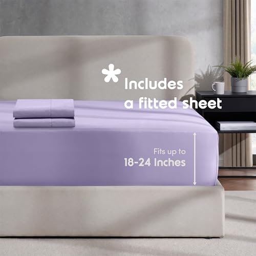 Image of Hearth & Harbor Lavender Duvet Cover with Fitted Sheet Twin Size | 3 Piece Soft Double Brushed Bedding Set, Button Closure, 1 Duvet Cover 68x90 Inches, 1 Fitted Sheet, 1 Pillow Sham