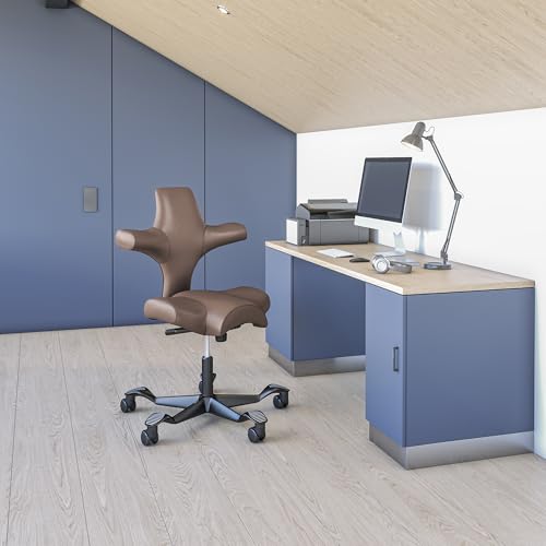 Image of HAG Capisco Sit to Stand Chair-Black Frame-Upholstered Brown Mahogany Vinyl