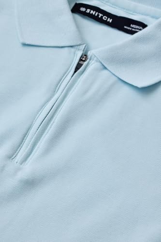 Image of SNITCH Men Polo T-Shirt | Modern Zip Closure & Textured Weave Design | 100% Cotton Breathable Fabric & Regular Fit Minimalist Style, Versatile Casual Wear
