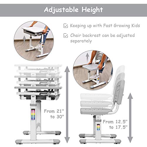 Baby Joy Kids Desk And Chair Set, Height Adjustable Child Desk Set W/Tilt Desktop, Pull Out Drawer Storage, Metal Hook, Multifunctional School Student Study Desk Chair For Boys & Girls (Grey) #TOP2