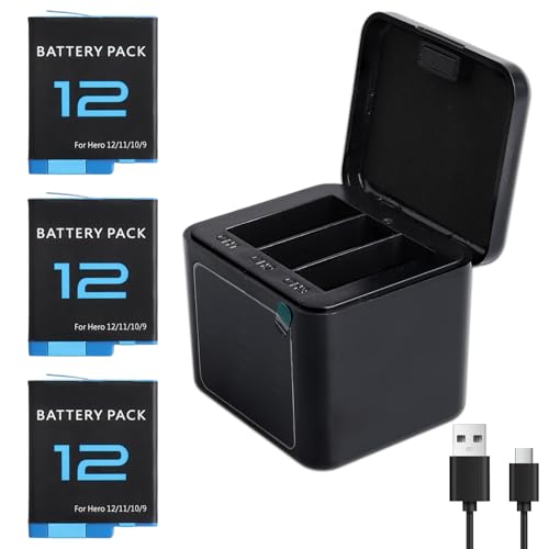 Cargador y Baterías Compatibles con GoPro Hero 12 11 10 9 Black   3 Pilas de Iones de Litio de 1800mAh con Estuche de Carga USB 3 en 1
