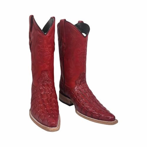 Men's Genuine Cowhide Crocodile Print Red 3X Toe Cowboy Western Boots (US-8)