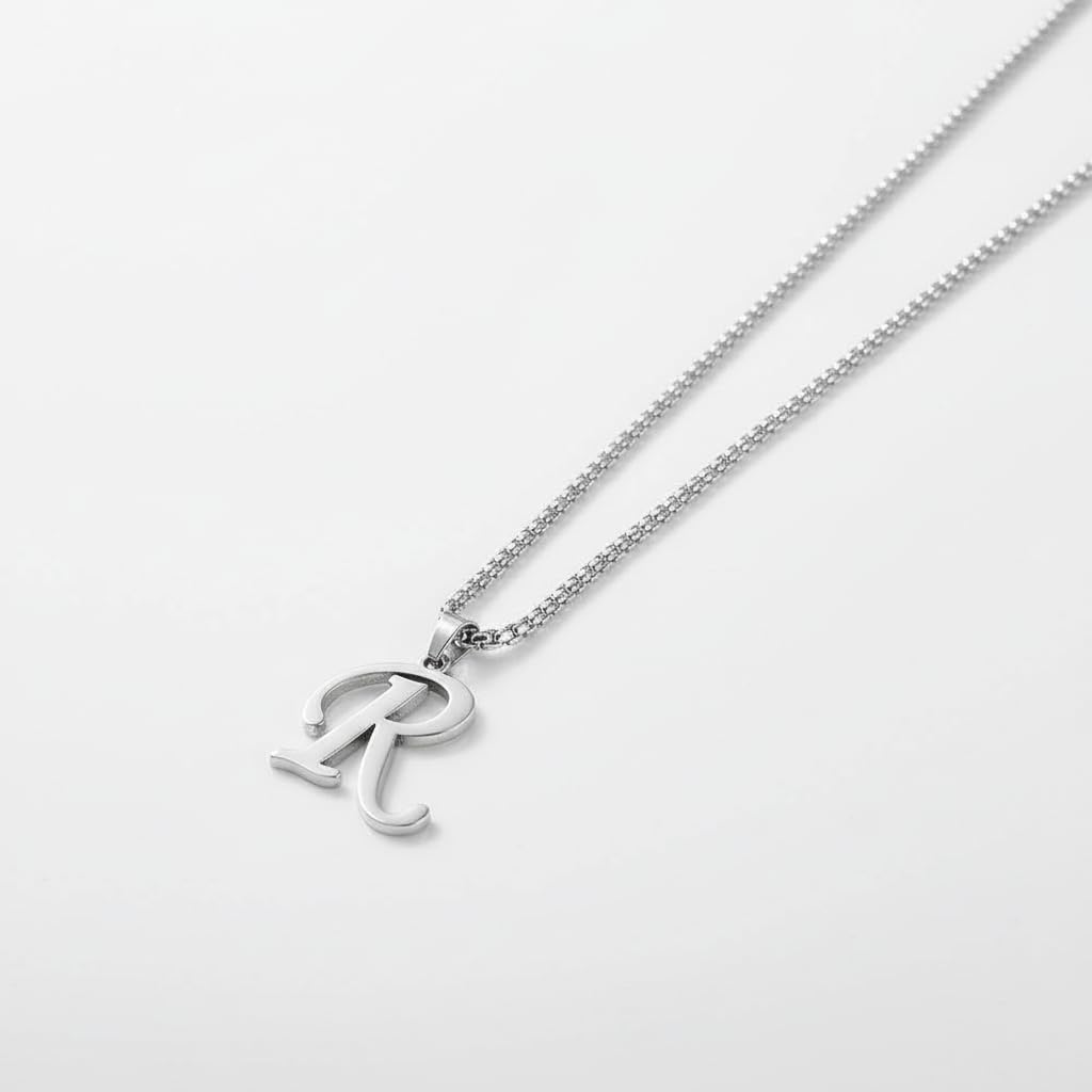 English Alphabet Initial Charms Letter Initial R Alphabet Silver Stainless Steel Letters Script Name Pendant Chain Necklace from A-Z for For Men And Women | Jewellery Accessories for Boys | Minimal Jewelry | Gifts for Boyfriend & Husband | Gift for Diwali, Christmas, Marriage, Birthday