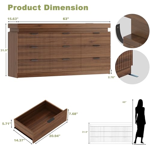 Image of 9 Drawer Dresser with LED Lights and Charging Station, 63 inch Wide Walnut Wood Fluted Dresser for Bedroom, Modern Chest of Drawers for Closet Dresser TV Stand for Living Room, Entryway, Hallway