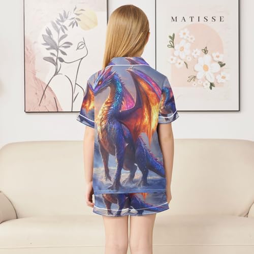 Satin Pajama Sets Short Sleeve Fantasy Dragon Button Down Silky Nightwear 2 Piece PJS 5-14Y4
