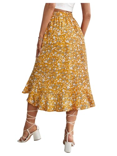SweatyRocks Women's Ditsy Floral Print Midi Skirt 2025 Summer Boho Ruffle Hem Skirt2