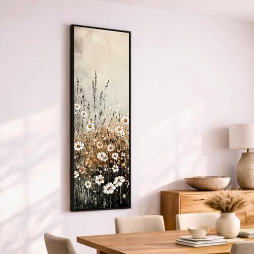 Image of Elegant Daisy Floral Vertical Wall Painting Framed Canvas Wall Art, Modern Nature Flower Artwork for Living Room Dining Area Bedroom Decor, Premium Ready to Hang Home Interior Wall Frame (13x47 Inch)