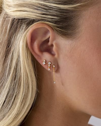 PAVOI 14K Gold Plated Sterling Silver Posts Dainty Stud and Dangle Chain Earring Pack for Women | Set of 3 Cubic Zirconia Earrings2