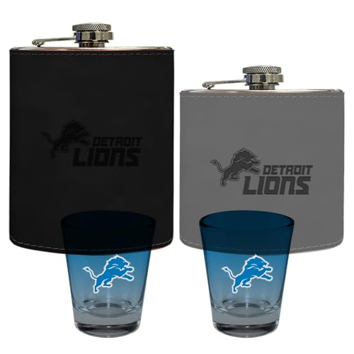 The Memory Company Officially Licensed NFL - Detroit Lions 2 Leather Flasks with Funnels and Ombre Shot Glasses (2) Set
