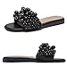 Ruiee Women's Flat Slides Sandals, Pearl Decor Sparkly Bling Dressy Slides Comfortable Casual Bride Wedding Summer Slip on Sandals for Women.241223 Black Size8