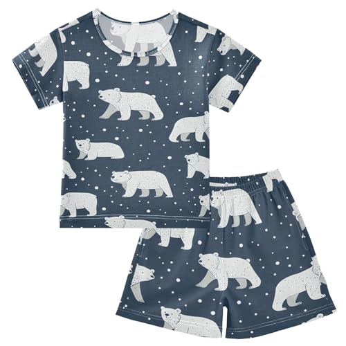 ALAZA Cute Polar Bear Snow Christmas Blue Pajamas Set Short Sleeve Cotton Sleepwear Summer Pjs 2 Piece 5-14Y