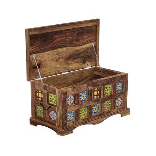 Image of Amazon Brand - Solimo Starlore Solid Sheesham Wood Storage Trunk | Wooden Box Chest for Clothes Linen Storage for Bedroom Living Room Home (Natural Finish)