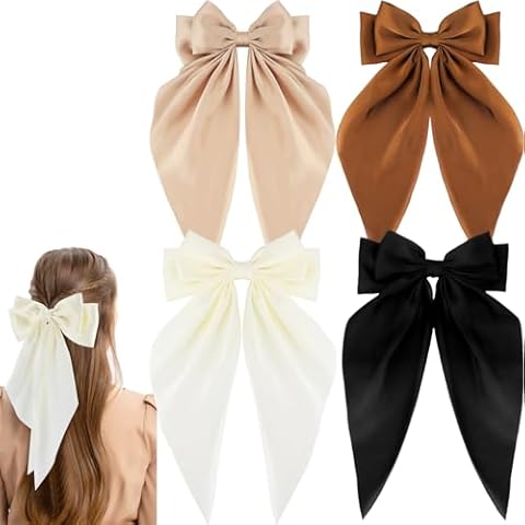 Zkptops 4Pcs Hair Bow Silky Satin Hair Clips for Women Girls Hair Ribbon Bow Hair Clips with Long Tail Cute Oversized Hair Bows Clips Soft Large Big Hair Barrettes Hair Accessories (Black Beige Brown) Cover