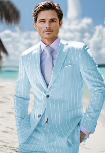 ORBITRAY Men's Pinstripe Suits 2 Pieces Notch Lapel Regular Fit Tuxedos Groomsmen for Wedding (Blazer+Pants)3