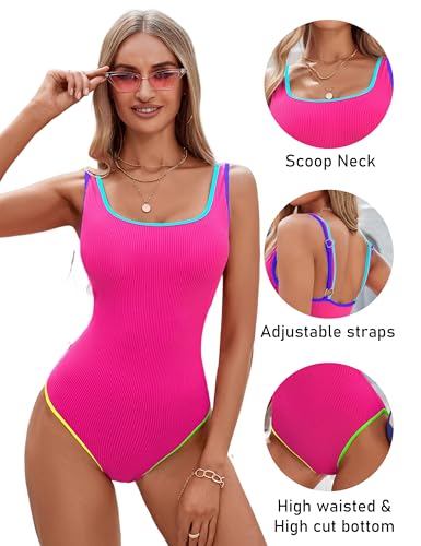Image of BMJL Women's One Piece Swimsuit Sports Adjustable Strap Bathing Suit Color Block Ribbed High Cut Swimsuits