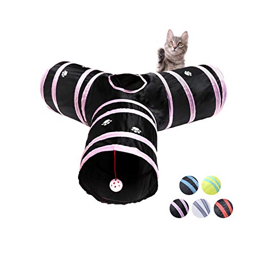 Alicedreamsky Cat Tunnel, Collapsible Tube with 1 Play Ball Kitty Toys, 3 Ways Cat Tunnels for Indoor Cats, Puppy, Kitty, Kitten, Rabbit (Black and Pink Paws)…