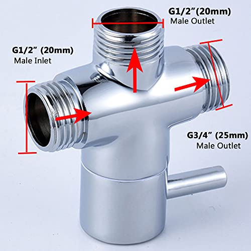Duschumstellventil, Ersatz, 3-Wege-T-Adapter, Absperrventil für Duschkopfarmumsteller, G1/2 männlicher Einlass x G1/2 & G3/4 Auslass