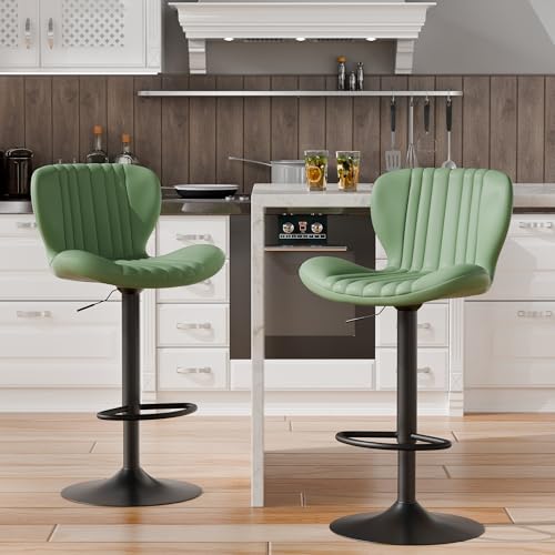 Image of Shintenchi Bar Stools Set of 2 Modern Swivel Bar Chairs, Counter Height Faux Leather Metal Barstools, Upholstered Island Chairs with Back and Footrest, Green