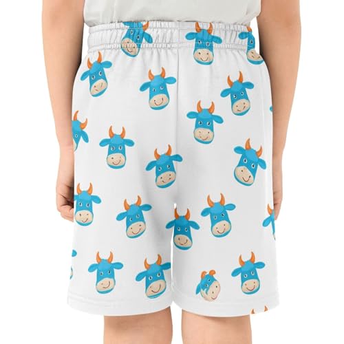 Blue Cow Heads Athletic Shorts with Zipper Pockets, Youth Boys Athletic Running Shorts for Summer3