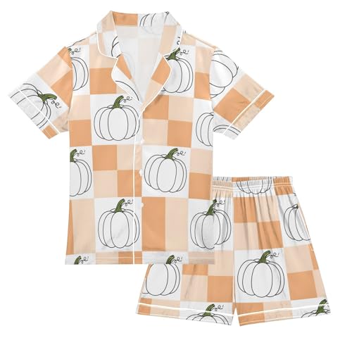 Satin Pajama Sets Short Sleeve Pumpkin Pattern on Orange Button Down Silky Nightwear 2 Piece PJS 5-14Y