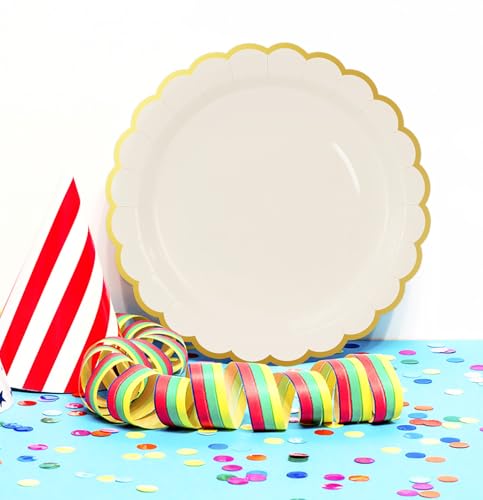 Image of HEIPINIUYE 50 Pieces Ivory Paper Plates with Gold Foil 9 Inch Disposable Ivory Scalloped Dinner Plates for Wedding Baby Shower Birthday Party Dessert Plate