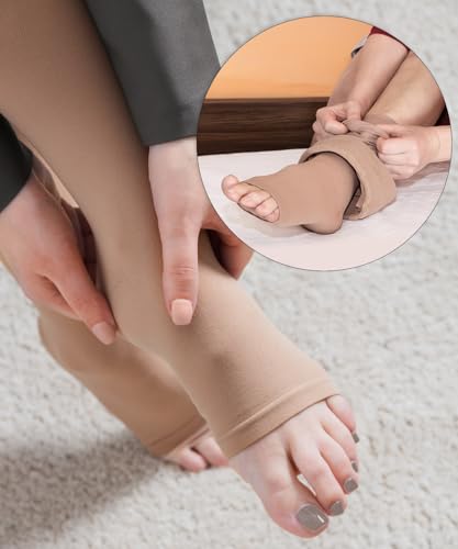 Offene Zehe Medizinische Kompressionsstrümpfe Damen & Herren 20-30 mmHg Klasse 2, Größe S-4XL, Kompressionssocken Stützstrümpfe für Krampfadern Ödeme Flug (Beige, XL)