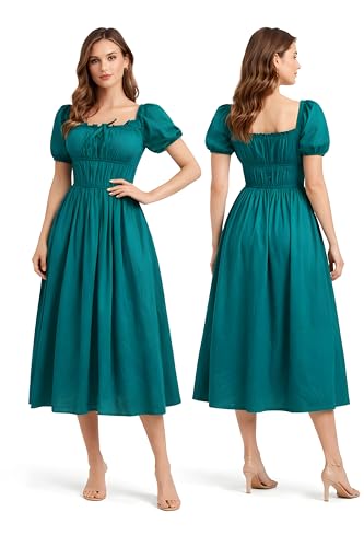 Image of BOOSTY Women's Puff Sleeve Smocked Midi Dress, Square Neck A-Line Dress