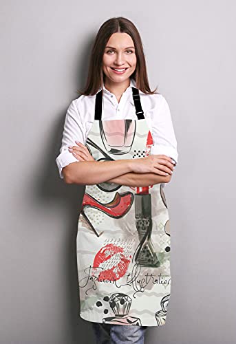 Lefolen Fashion Cosmetic Apron, Women Cosmetics Red Lipstick, Shoes, Glasses And Perfume Adjustable Bib Apron Kitchen Cooking Baking Gardening Apron For Women Men #TOP2