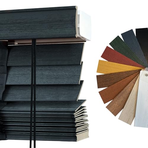Genérico Personalizado Persianas Venecianas de Madera, 50 mm Láminas Horizontales Oscurecedoras Estores Ancho 20-160 cm, Alto 60-280 cm Cortinas Venecianas para Interiores/Exterior(Dark Gray-Blue)