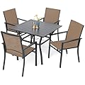 Anmutig 5 Piece Patio Dining Set for 4, 37”x37” Square Table with Umbrella Hole, 4 Metal Sling Chairs, Outdoor Table and Chairs Set for Lawn Backyard and Deck Brown