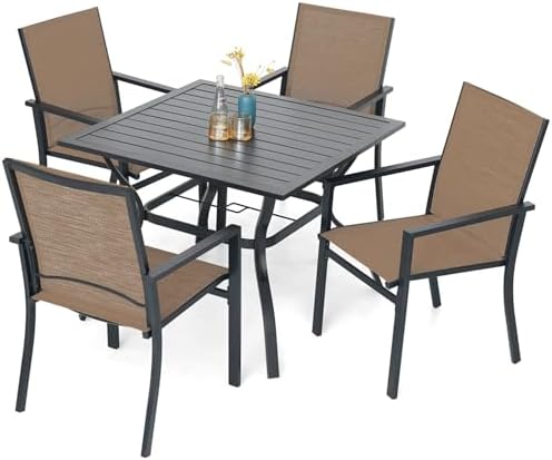 Anmutig 5 Piece Patio Dining Set for 4, 35” Square Table with Umbrella Hole, 4 Metal Sling Chairs, Outdoor Table and Chairs Set for Lawn Backyard and Deck Brown