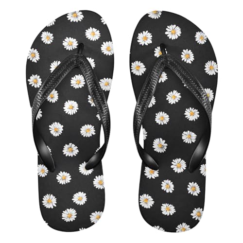 ALAZA White Daisy Floral Flip Flops for Women Fashion Beach Slippers Comfort Mens Flip Flops Non-Slip Rubber Shower Slippers Sandal for Hotel Travel Sport,XS