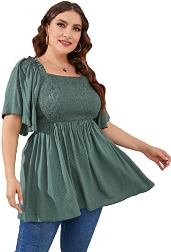 SOLY HUX Women's Plus Size Polka Dots Print Square Neck Butterfly Short Sleeve Shirred Peplum Blouse Top Dark Green 2XL
