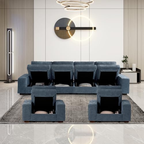 Image of TEKAMON 128 inch Modular Sofa Couch with Seat Storage, Modern Comfy 4-Seater Long Couch for Living Room, Office, Apart, Chenille Sofa, Wide Armrest, USB Charging, Pockets, Washable Covers (Blue)
