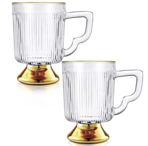 Joeyan 12 once Tazze da caffè in vetro con manico, 350ml Set di 2 Tazze da caffè trasparenti a coste vintage, Tazze da tè per tè latte Cappuccino Espresso, Bicchieri con montatura dorata