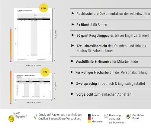 Frank Paperman® 3x Set 50x Arbeitszeitnachweis Block + 4x Jahresübersichten, Arbeitszeiterfassung für Kleinbetriebe – Stundenbuch für Arbeit A4, Rechtssichere Dokumentation DE&EN vorgelocht