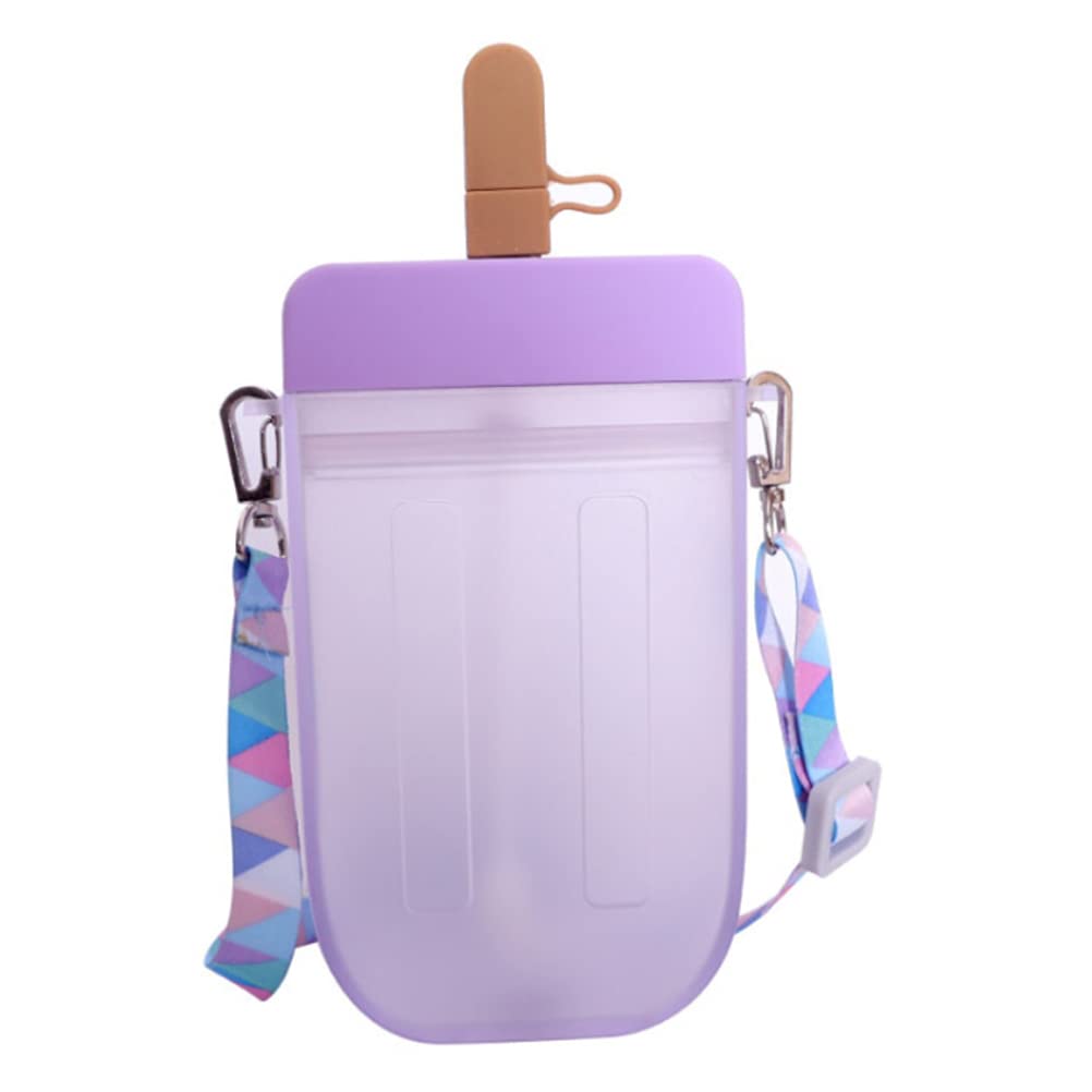 300ML Cute Water Bottle,Leakproof Plastic Popsicle Shape Straw Cup BPA Transparent Drinking Cup with Lanyard Drinking Cup for Adults Children