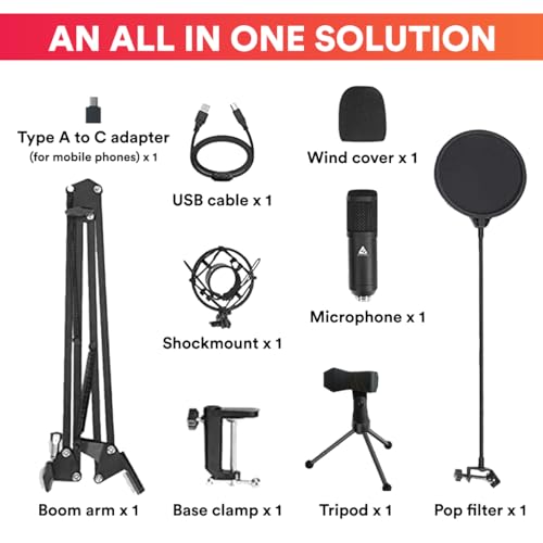 Image of Audio Array USB Condenser Microphone Kit | for Podcasting, Online Meeting, Gaming, Singing & Live Streaming | Boom Arm, Pop Filter, Mic Cover, Spider Shock Mount, Tripod & 2.5M USB Cable | AM-C1