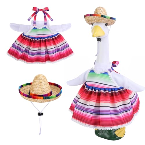 Watayo 2 Pcs/Set Mexican Porch Goose Outfits Lawn Goose Clothing Costume for Cinco De Mayo Garden Goose Clothes Striped Dress Mexican Sombrero for 23 High Statue Outdoor Patio Yard Decor (B Style)