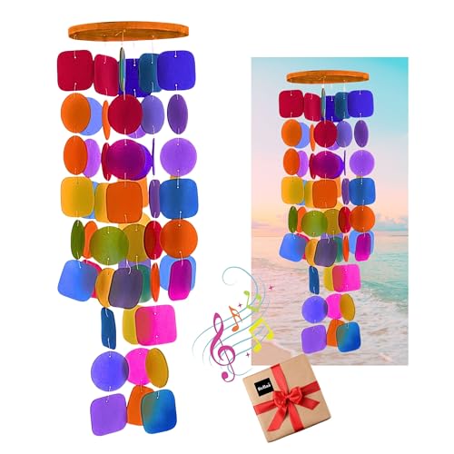 Bellaa Handmade Wind Chimes Outdoor, Musical, Garden Decorations, Beach, Ocean, Breeze, Gifts for Mom, Outside Windchimes, 63pcs, Capiz, Shells, Sea, Glass, Wood 1 Rainbow
