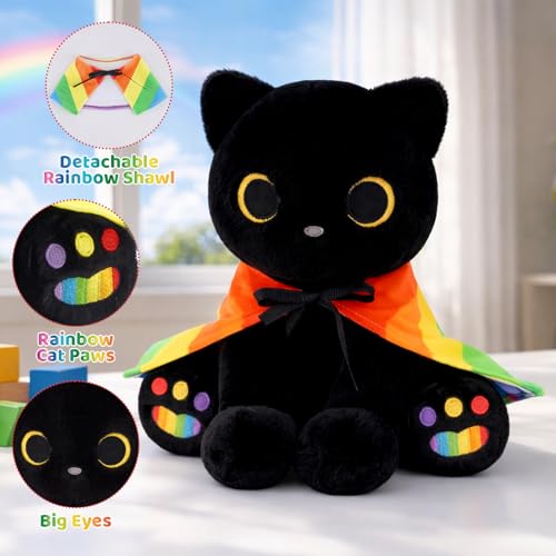 Image of Black Cat Plush Pride Month Gifts Decor, 8 inch Cute Cat Stuffed Animal with Removable Rainbow Cape, Huggable Kawaii LGBTQ+ Gift for Friends, Lovers & Allies
