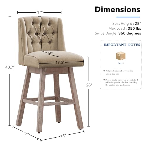 Image of Swivel Bar Stools Set of 2, Counter Height Barstools with Back, Linen Fabric Upholstered Bar Stools, 28 inch Modern Barstools Wood Legs for Kitchen Island Dining Room Bar