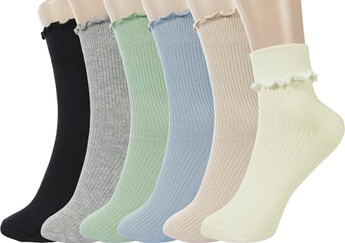 BomKinta Ruffle Socks Women Lightweight Cotton Sock Turn-Cuff Frilly Sock Casual Athletic Crew Socks Gifts Black Gray Blue Green Light Khahi Cream 6 Pairs Size 5-10