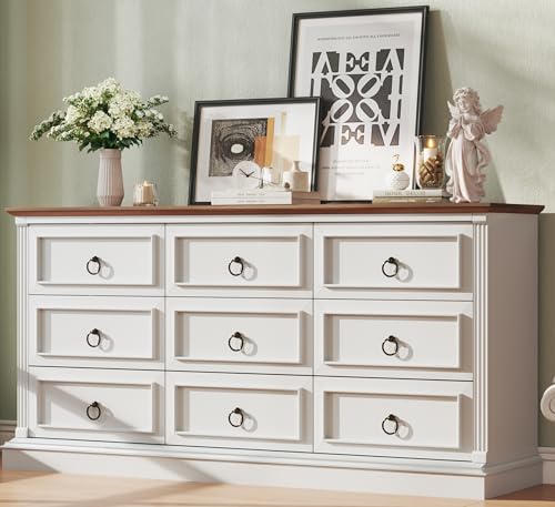Image of HUAHUU Farmhouse 9 Drawer Dresser for Bedroom, 60 inch Wide Chest of Drawers with Roman Column, Wooden TV Stand with Antique Bronze Circle Handles, Storage Organizer for Living Room, Hallway, White