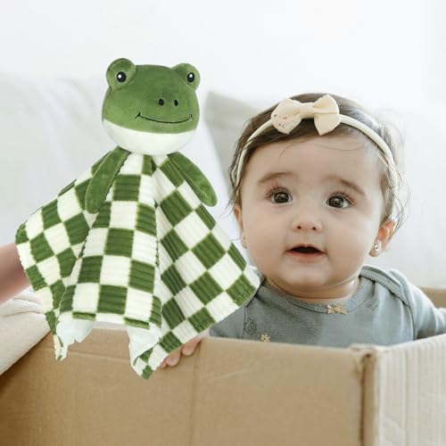 Image of Baby Lovey Blanket for Boys Girls Super Soft Checkerboard Gingham with Minky Dot Fabric Backing Frog Stuffed Animal Lovely Snuggle Toy Green 14 Inch