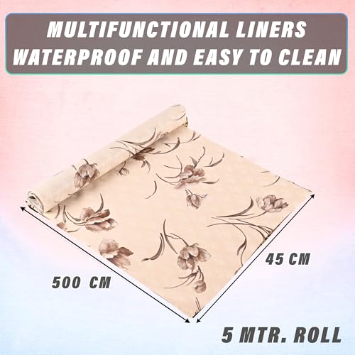 Image of Kuber Industries Pack of 2 Waterproof & Durable 5 Meterss Kitchen Mats for Shelf Liner Roll | Wipeable Fridge Sheets for Shelves Cabinet Drawer | Brown Flowers Print - Cream